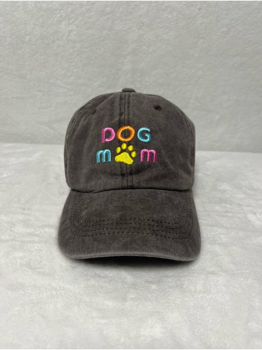 NWOT Washed Brown Baseball Cap with Multicolor “DOG mom” Embroidery